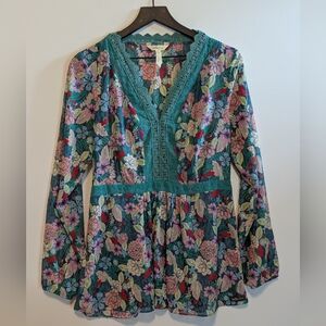 Matilda Jane Floral V-Neck Blouse Lace Trim Sheer Flouncy Excel Used Cond Flowy